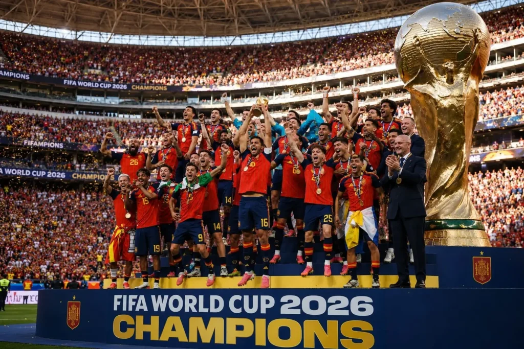 Les joueurs de l'Espagne soulèvent le trophée, champions du monde 2026 au MetLife Stadium
