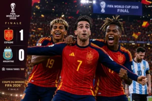 Visuel du score final : l'Espagne championne du monde 2026 bat l'Argentine 1-0, but de Ferran Torres