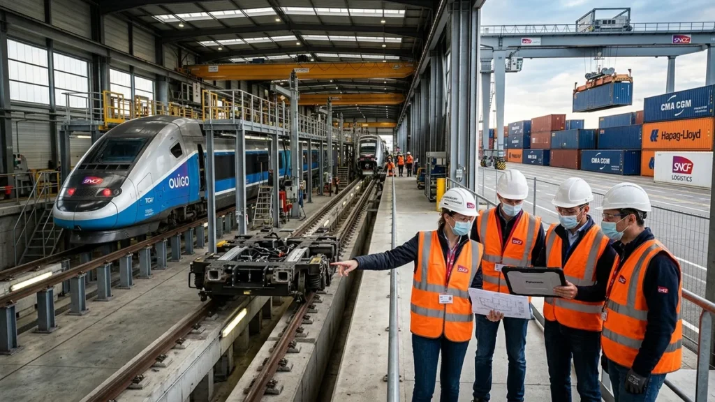 Ingénieurs et techniciens industriels français supervisant des rames ferroviaires et conteneurs logistiques