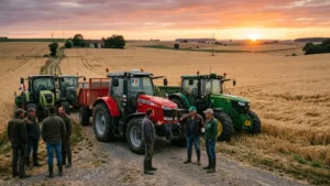 Agriculteurs et tracteurs réunis dans un champ face aux mesures d'urgence du budget 2027