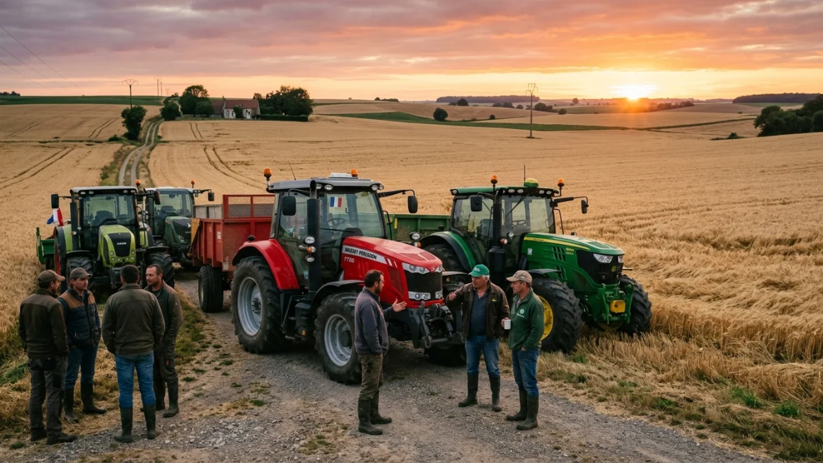 Agriculteurs et tracteurs réunis dans un champ face aux mesures d'urgence du budget 2027