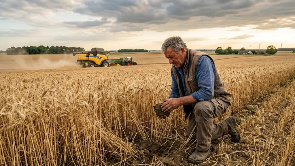 Agriculteur français inspectant la terre et les épis de blé sous un ciel d'été en Beauce