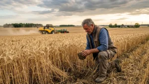 Agriculteur français inspectant la terre et les épis de blé sous un ciel d'été en Beauce