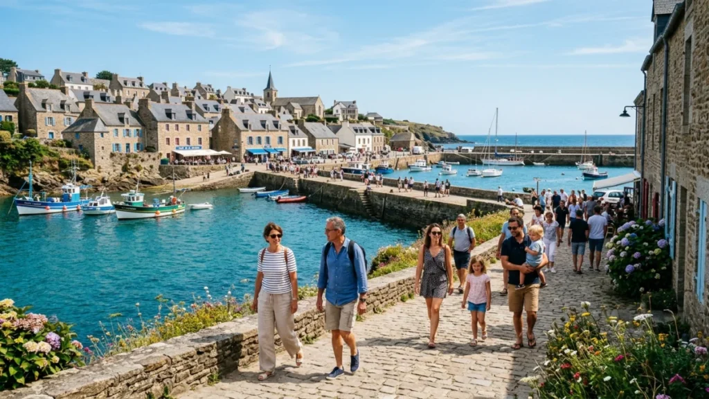 Vacanciers et touristes sur un port de Bretagne lors du bilan de la saison estivale 2026 en France
