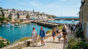 Vacanciers et touristes sur un port de Bretagne lors du bilan de la saison estivale 2026 en France