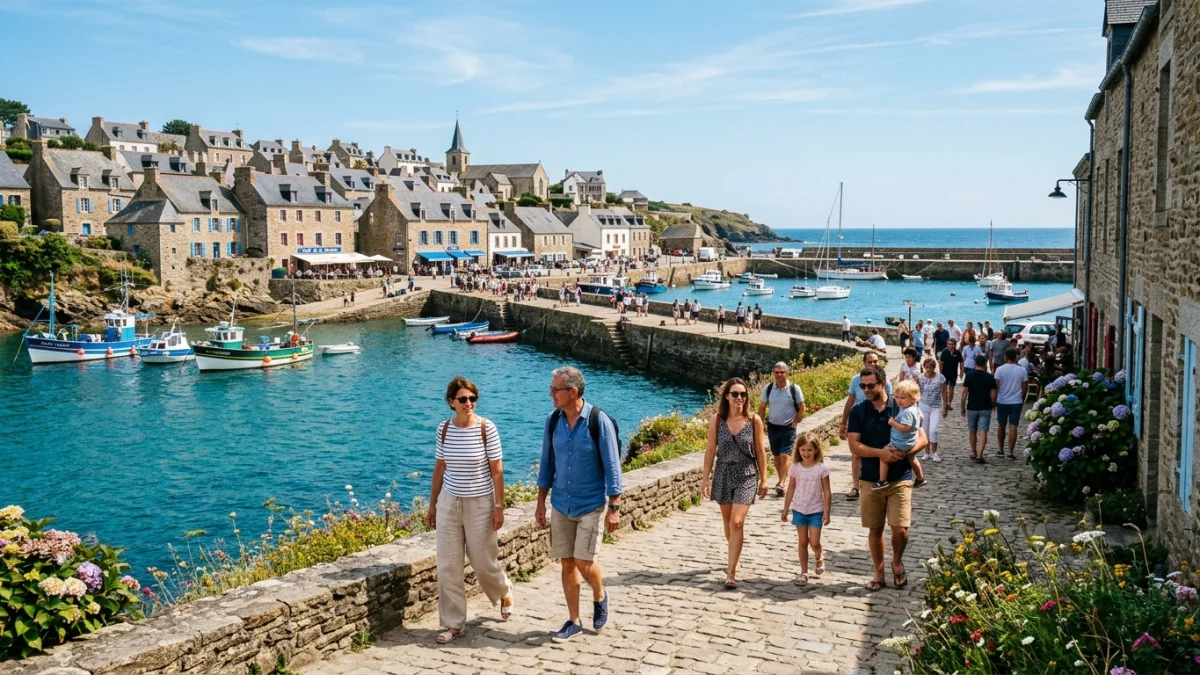 Vacanciers et touristes sur un port de Bretagne lors du bilan de la saison estivale 2026 en France