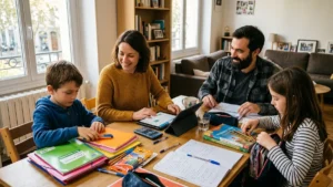 Famille française organisant les fournitures scolaires et le budget de rentrée autour d'une table avec tablette et calculatrice