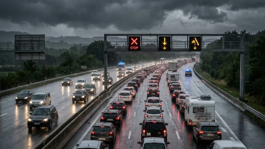 Chassé-croisé du 15 août 2026 sur autoroute sous orage et circulation dense