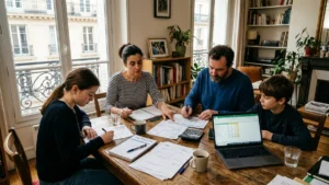 Famille française analysant son budget mensuel et ses relevés bancaires dans un appartement parisien