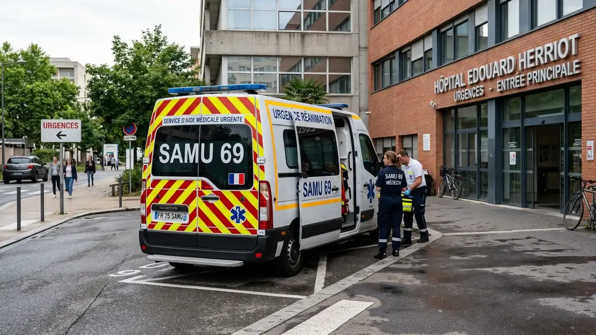 Ambulance médicale du SAMU devant l'hôpital