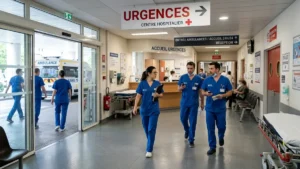 Entrée des urgences hospitalières et personnel soignant en France