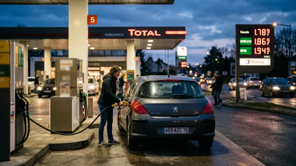 Automobiliste faisant le plein dans une station-service en France face à la fin de l'aide carburant