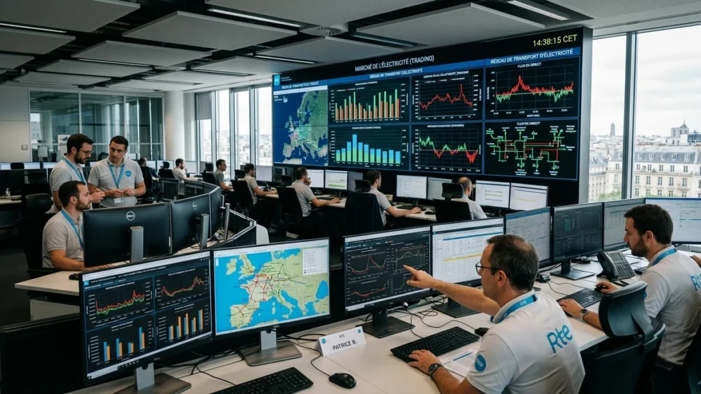 Salle de contrôle et de trading du réseau électrique français surveillant les cours de gros de l'électricité