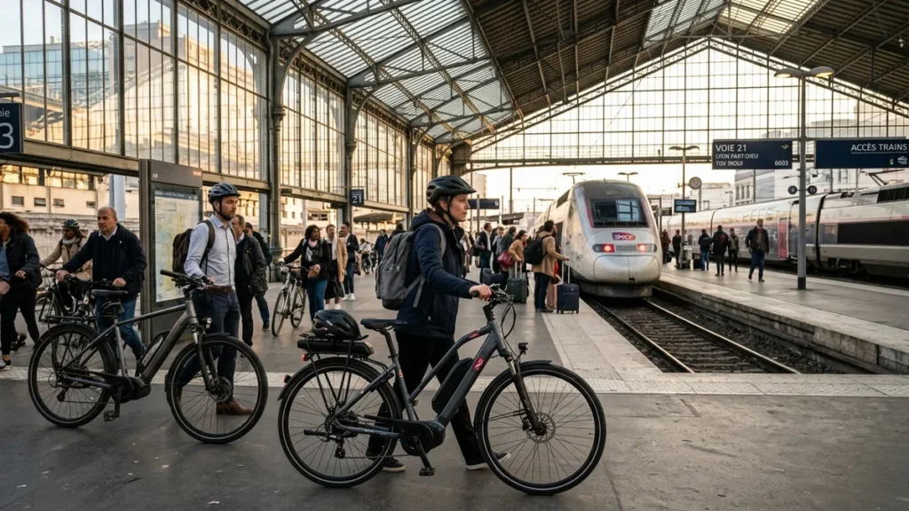 Voyageurs et navetteurs parisiens combinant vélo électrique et train express régional en gare