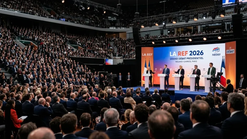Tribunes combles et scène du grand débat présidentiel économique à La REF 2026 au stade Roland-Garros à Paris