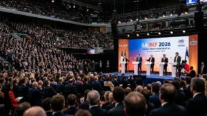 Tribunes combles et scène du grand débat présidentiel économique à La REF 2026 au stade Roland-Garros à Paris