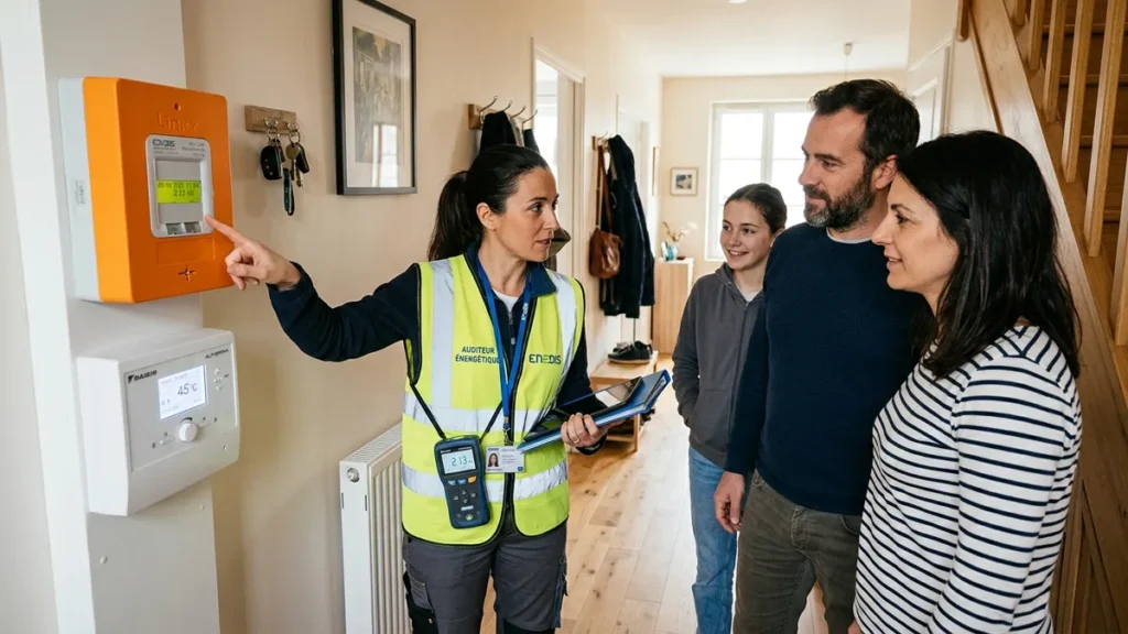 Famille française et conseillère en énergie vérifiant un compteur électrique Linky et la facture d'électricité à la maison