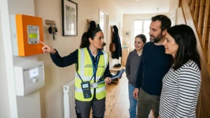 Famille française et conseillère en énergie vérifiant un compteur électrique Linky et la facture d'électricité à la maison