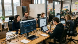 Équipe pluridisciplinaire d'une PME française collaborant sur des outils d'intelligence artificielle et tableaux de bord numériques à Lyon