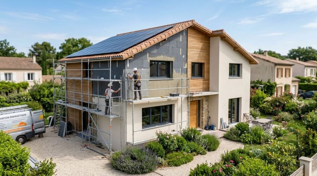 Maison en rénovation énergétique en France avec panneaux solaires