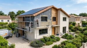 Maison en rénovation énergétique en France avec panneaux solaires
