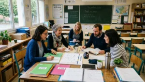 Équipe d'enseignants réunis en salle de classe lors de la prérentrée scolaire 2026 en France