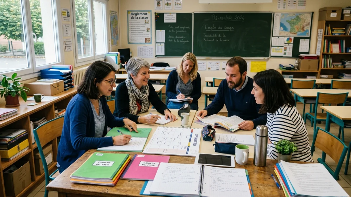 Équipe d'enseignants réunis en salle de classe lors de la prérentrée scolaire 2026 en France