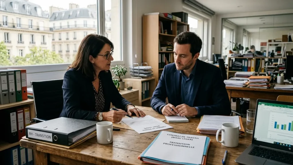 Entretien de transition professionnelle et négociation de contrat de travail dans un bureau en France