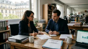 Entretien de transition professionnelle et négociation de contrat de travail dans un bureau en France