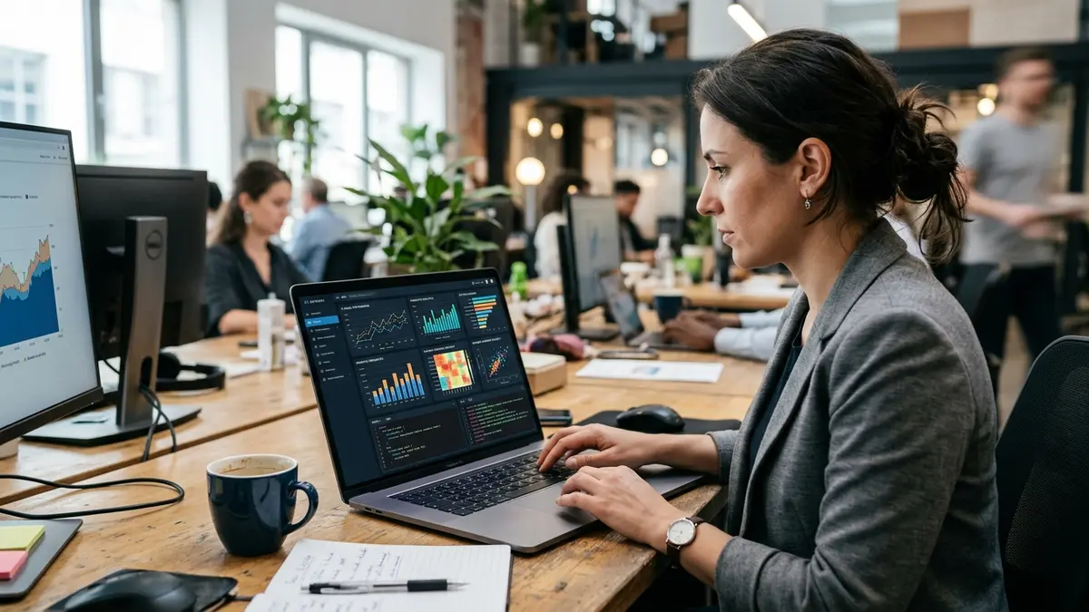 Professionnelle travaillant sur ordinateur avec graphiques d'IA