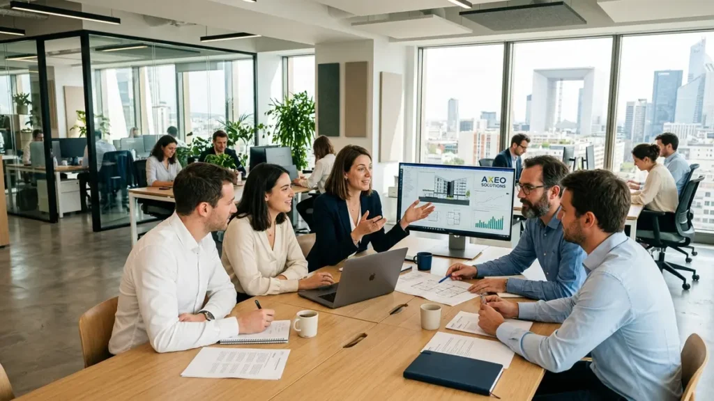 Espace de travail moderne et équipe en entreprise