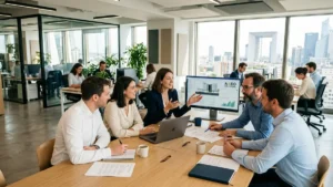 Espace de travail moderne et équipe en entreprise