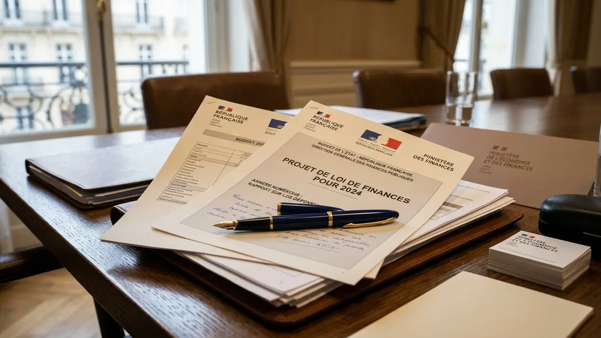 Documents officiels du Projet de Loi de Finances et stylo plume