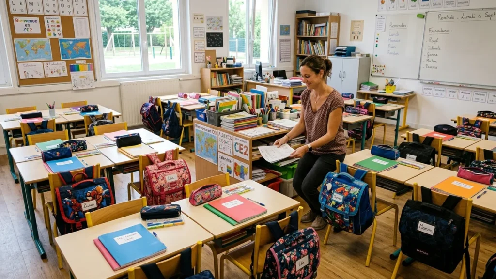 Salle de classe d'école primaire française aménagée avec cartables et cahiers colorés pour la rentrée scolaire