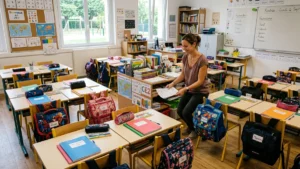 Salle de classe d'école primaire française aménagée avec cartables et cahiers colorés pour la rentrée scolaire