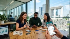 Application bancaire Revolut sur smartphone dans des locaux d'entreprise à Paris