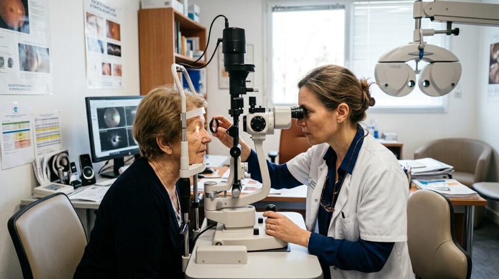 Examen ophtalmologique de la rétine en consultation médicale après éclipse