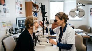Examen ophtalmologique de la rétine en consultation médicale après éclipse