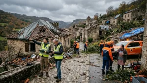 Experts en assurance et équipes de secours inspectant les dégâts toiture après le passage d'une tornade dans un village de l'Aude