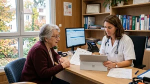Médecin examinant un dossier médical sur tablette lors d'une consultation en cabinet médical