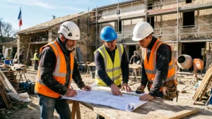 Artisans du BTP examinant des plans sur un chantier de rénovation