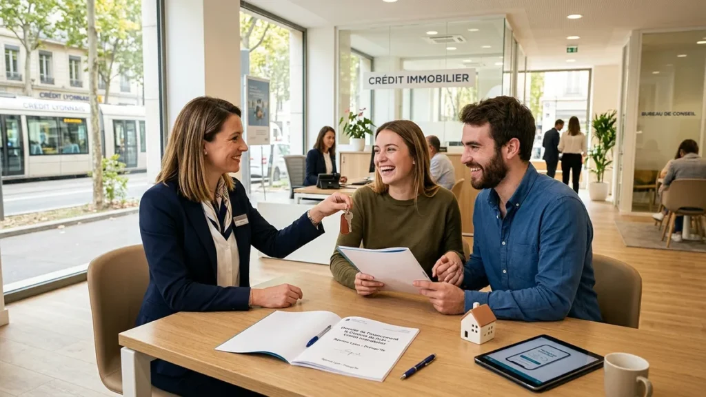 Couple rencontrant un courtier financier en agence pour changer d'assurance de prêt immobilier en France