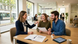 Couple rencontrant un courtier financier en agence pour changer d'assurance de prêt immobilier en France