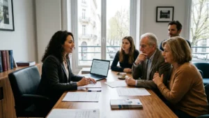 Famille en consultation avec un conseiller funéraire pour la souscription d'un contrat obsèques en France