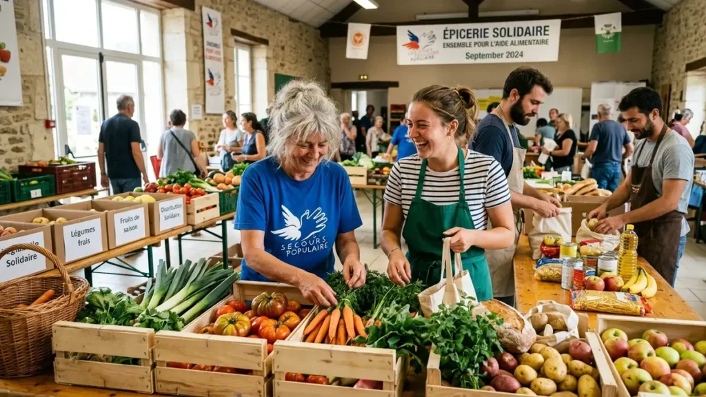 Bénévoles distribuant des colis alimentaires dans une épicerie solidaire en France
