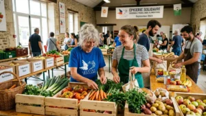Bénévoles distribuant des colis alimentaires dans une épicerie solidaire en France