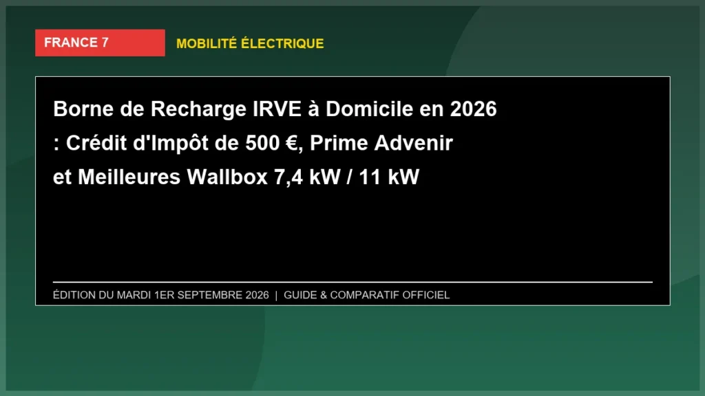Borne de Recharge IRVE à Domicile en 2026 : Crédit d'Impôt de 500 €, Prime Advenir et Meilleures Wallbox 7,4 kW / 11 kW