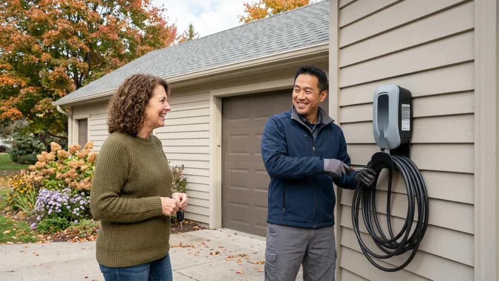 Électricien certifié IRVE installant une borne de recharge murale pour voiture électrique dans un garage moderne