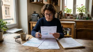 Consommatrice française consultant ses factures d'énergie et bulletins de paie face aux réformes du 1er septembre 2026