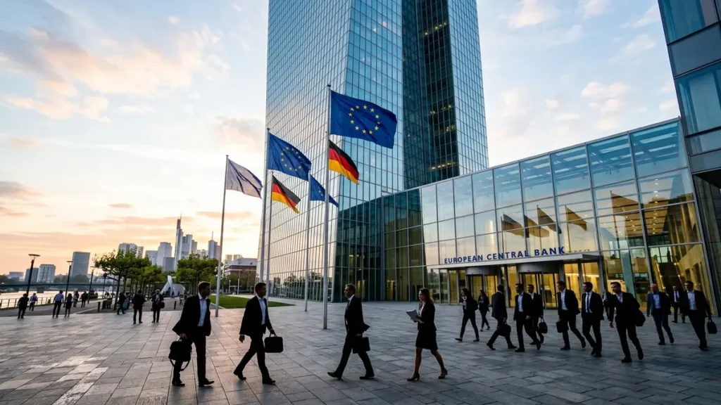 Bâtiment du siège de la Banque Centrale Européenne à Francfort avec drapeaux européens